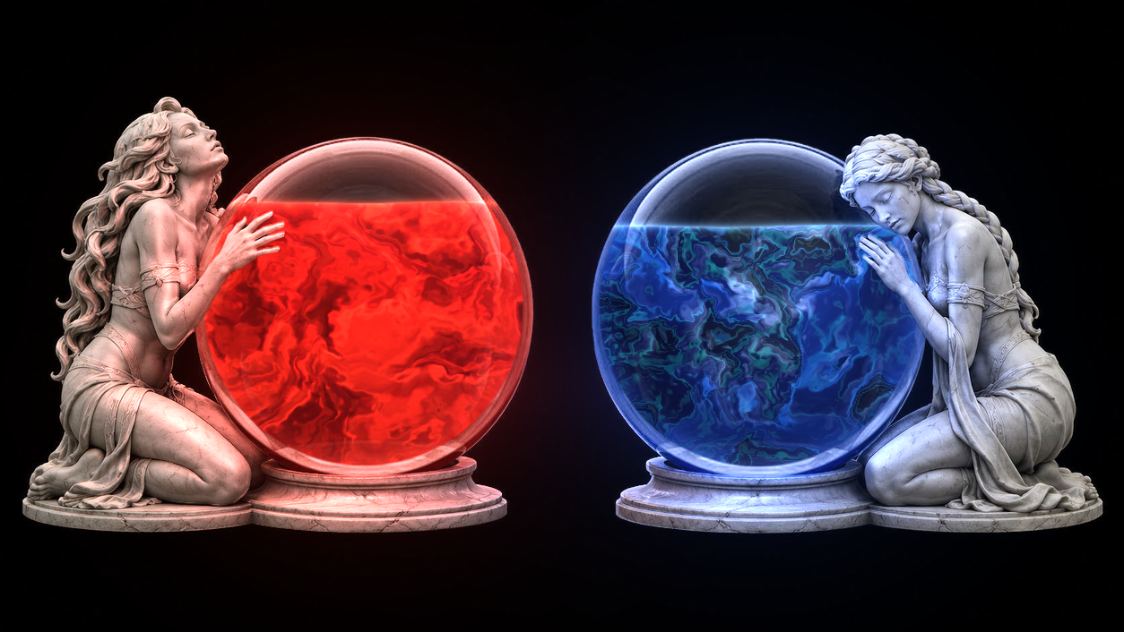 Two marble goddess statues kneel beside a crimson life orb and an azure mana orb, glowing against near-black darkness